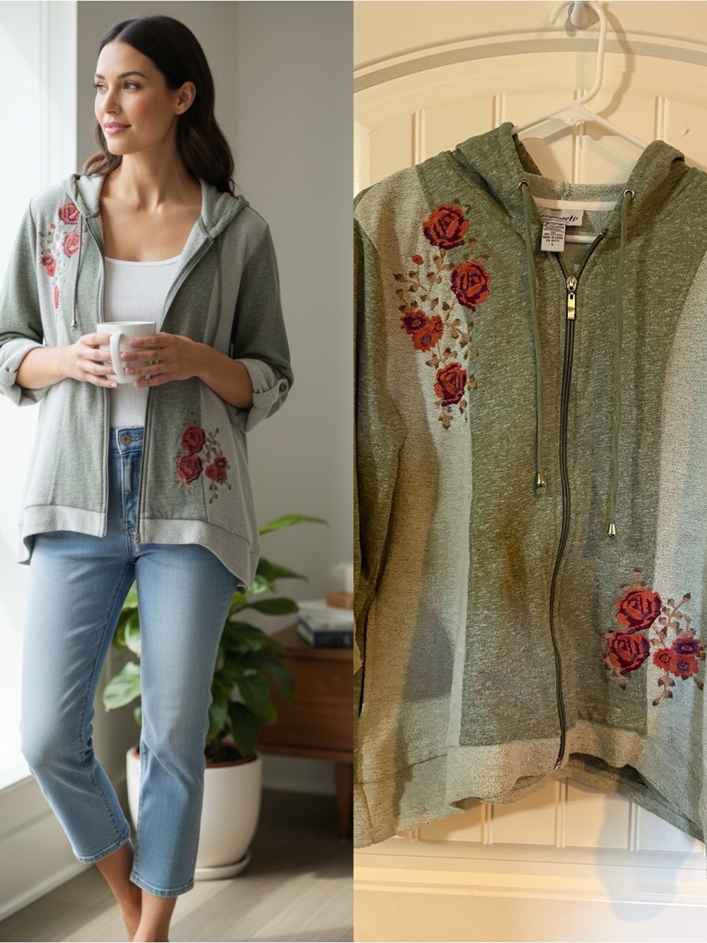 Serengeti L Embroidered Floral Zip Hoodie Sage Green Roll Tab Sleeve
